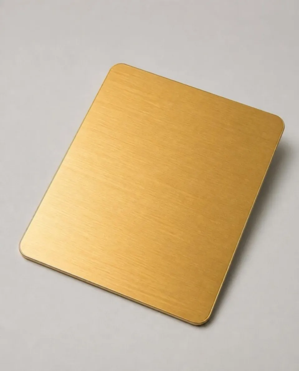 Gold hairline stainless steel sheet sample, long straight brushed lines (AI studio visual)