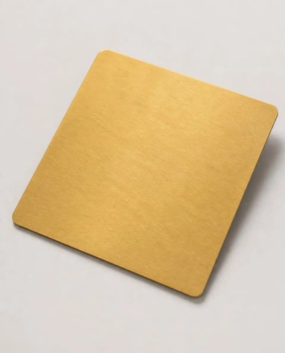 Gold No.4 matte stainless steel sheet sample, short soft brushed grain (AI studio visual)