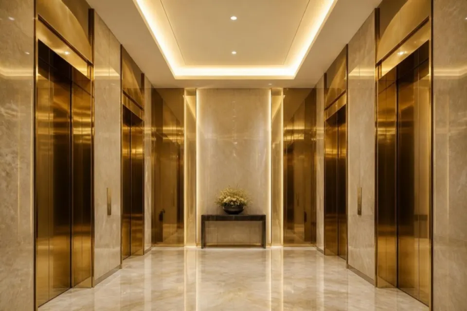 Hotel lift lobby with lift portals in gold mirror stainless steel