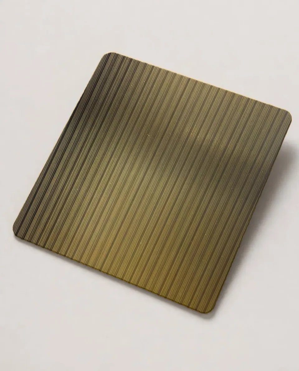 Linear Textured Brass Tone stainless steel sheet sample (studio swatch from the real sheet photo)