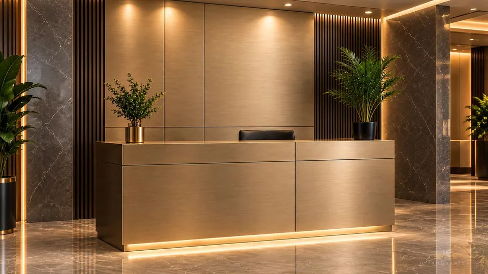 Modern luxury reception area with brushed bronze stainless steel wall cladding, hairline-finish reception counter panels, marble flooring and warm architectural lighting.