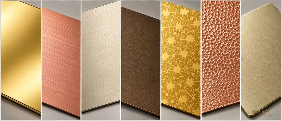 Premium stainless steel designer sheets showcasing Gold Mirror, Rose Gold Hairline, Champagne, Bronze, Etched, Embossed and Brushed metallic finishes for luxury architectural and interior applications.