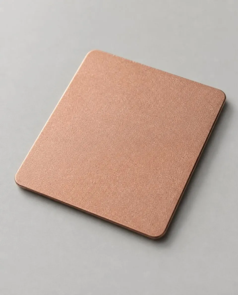 Rose gold bead blast stainless steel sheet sample, even sand-blasted texture (AI studio visual)