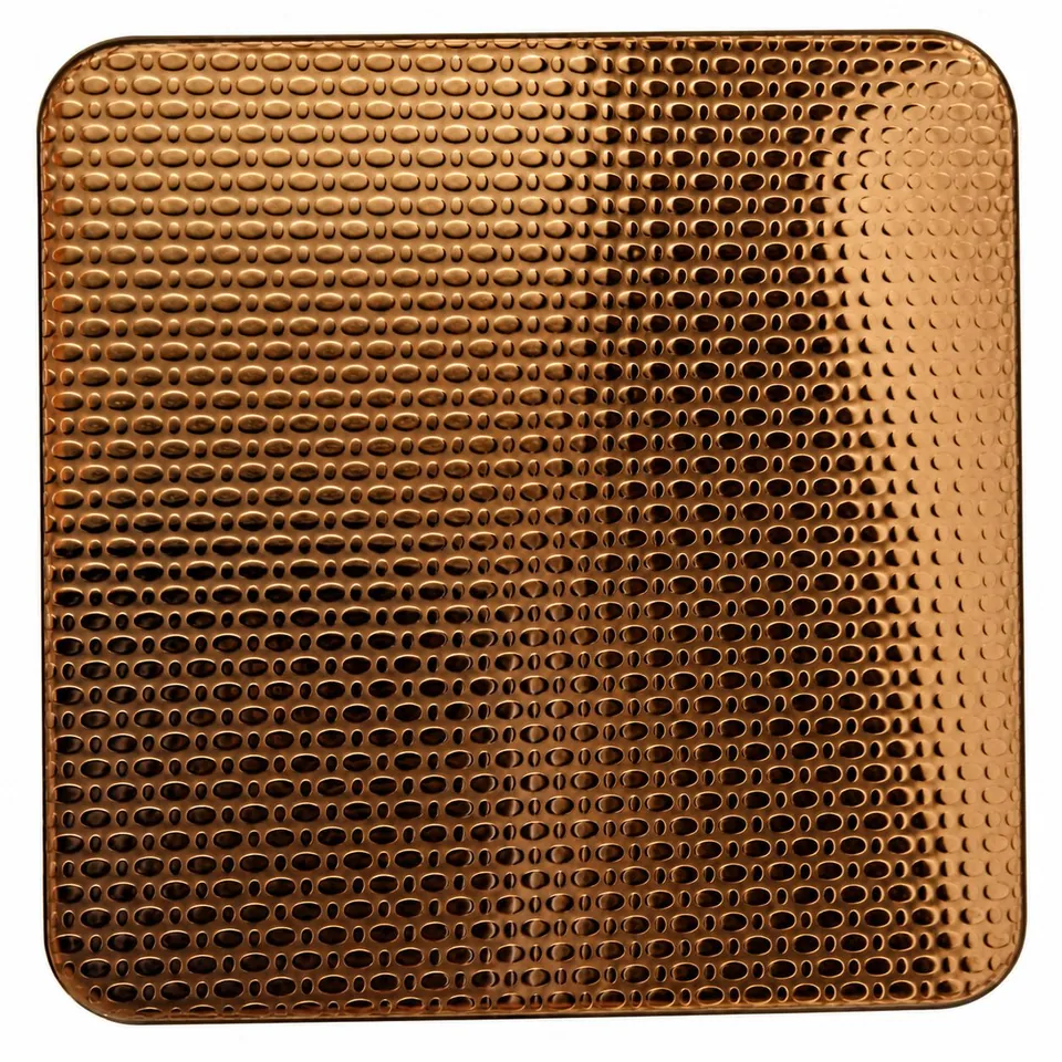 Rose Gold Embossed Stainless Steel Designer Sheet featuring a distinctive oval textured pattern and reflective metallic finish, ideal for luxury wall cladding and decorative interiors.