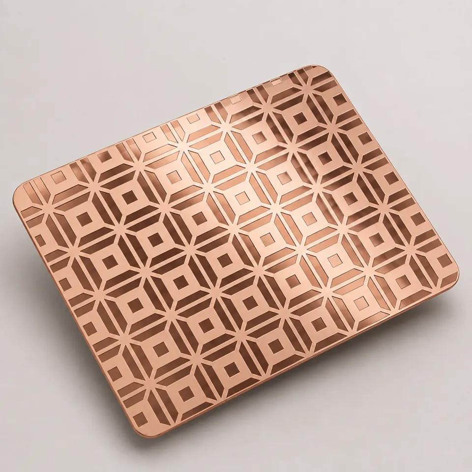 Studio visual of a Rose Gold Etched stainless steel sheet
