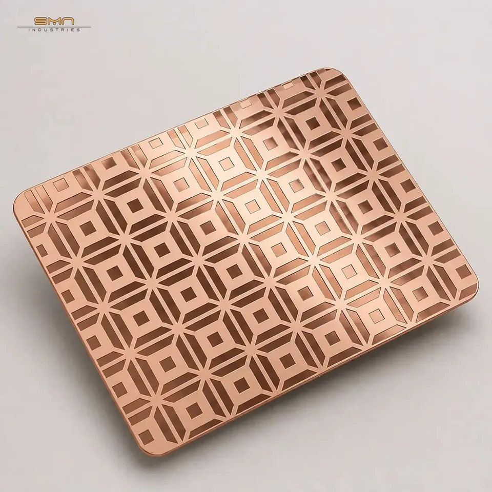 Studio visual of a Rose Gold Etched stainless steel sheet