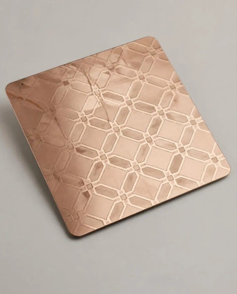 Rose gold etched stainless steel sheet sample, etched pattern (AI studio visual)
