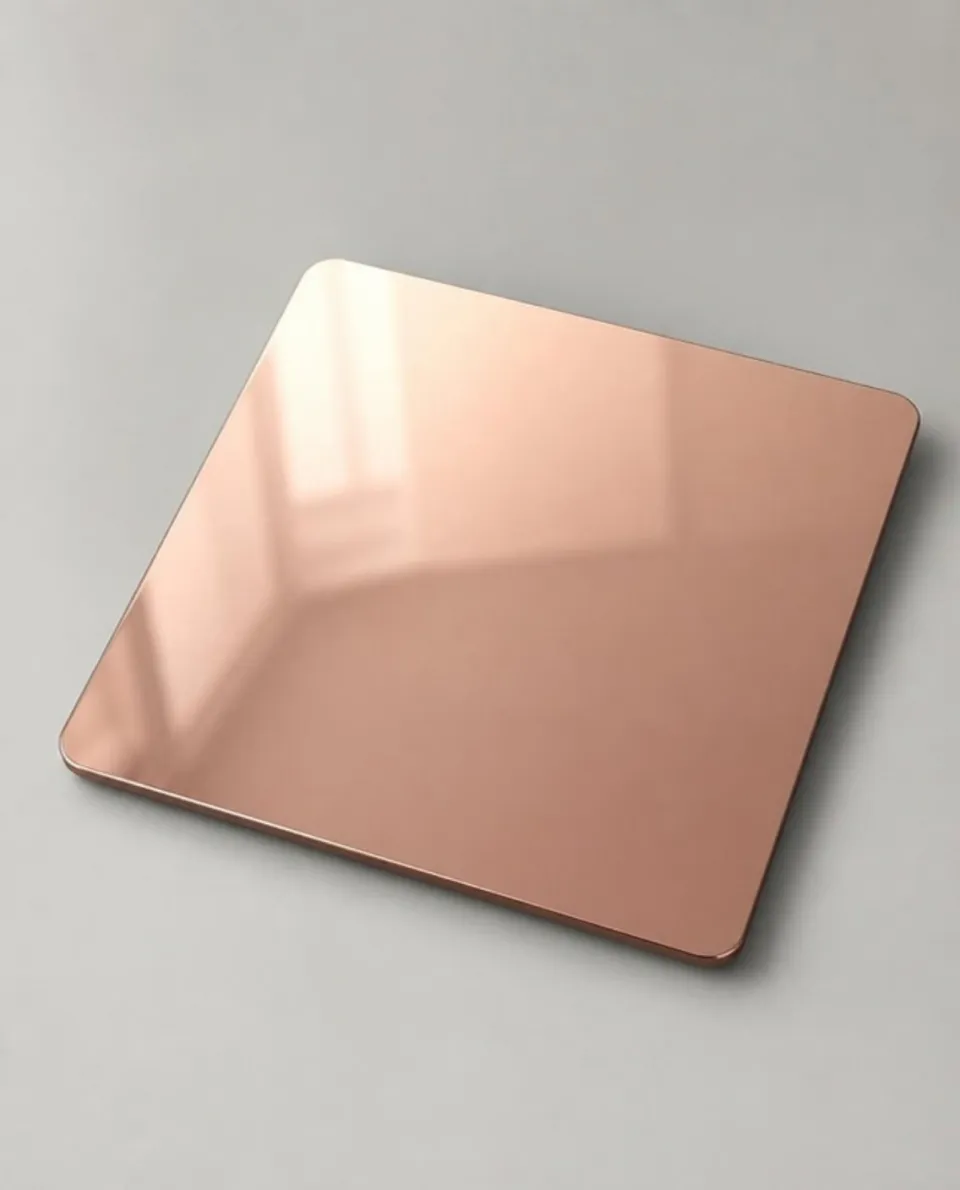 Rose gold mirror stainless steel sheet sample, reflective (AI studio visual)