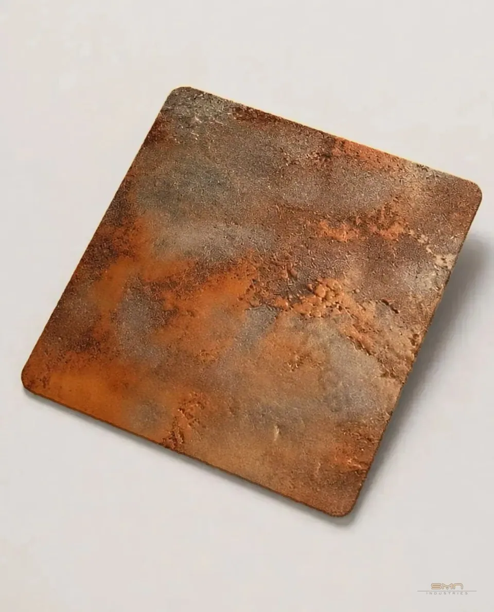 Rust aged metal stainless steel sheet sample with weathered orange and brown tones