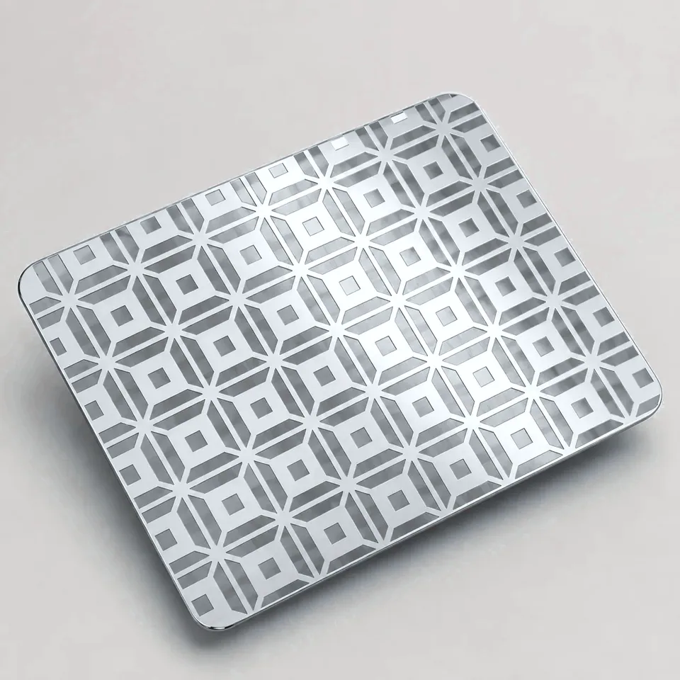 Natural silver etched stainless steel sheet sample, second view (studio visual)