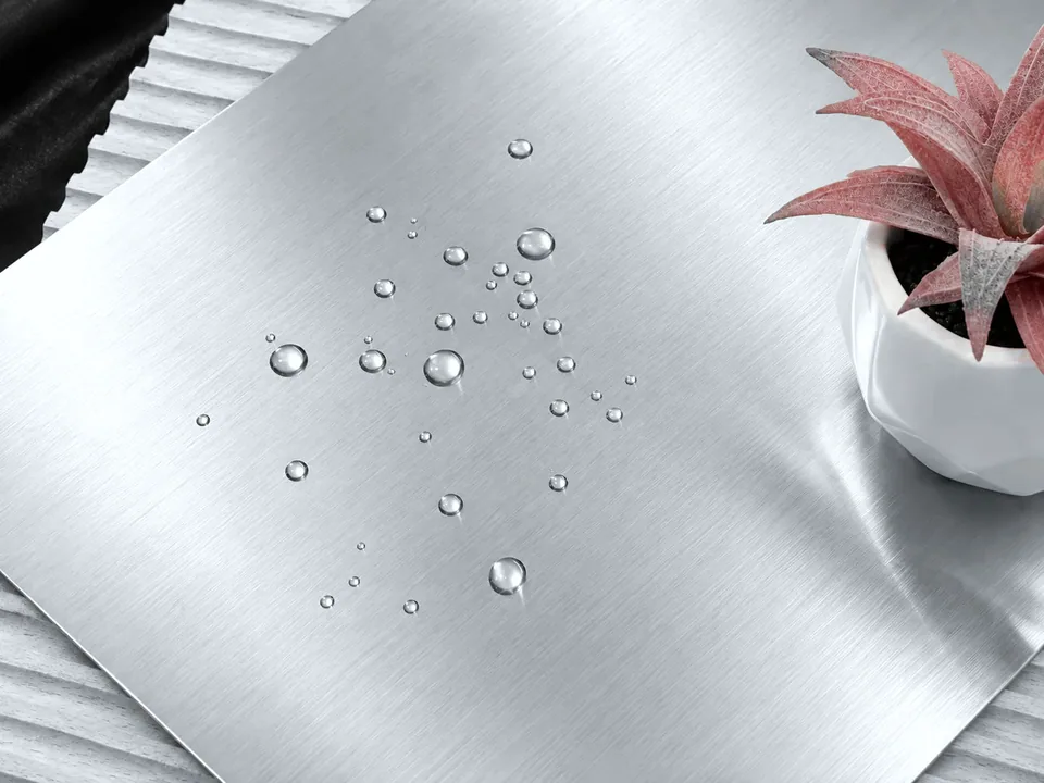 Natural silver hairline stainless steel sheet sample, second view (studio visual)