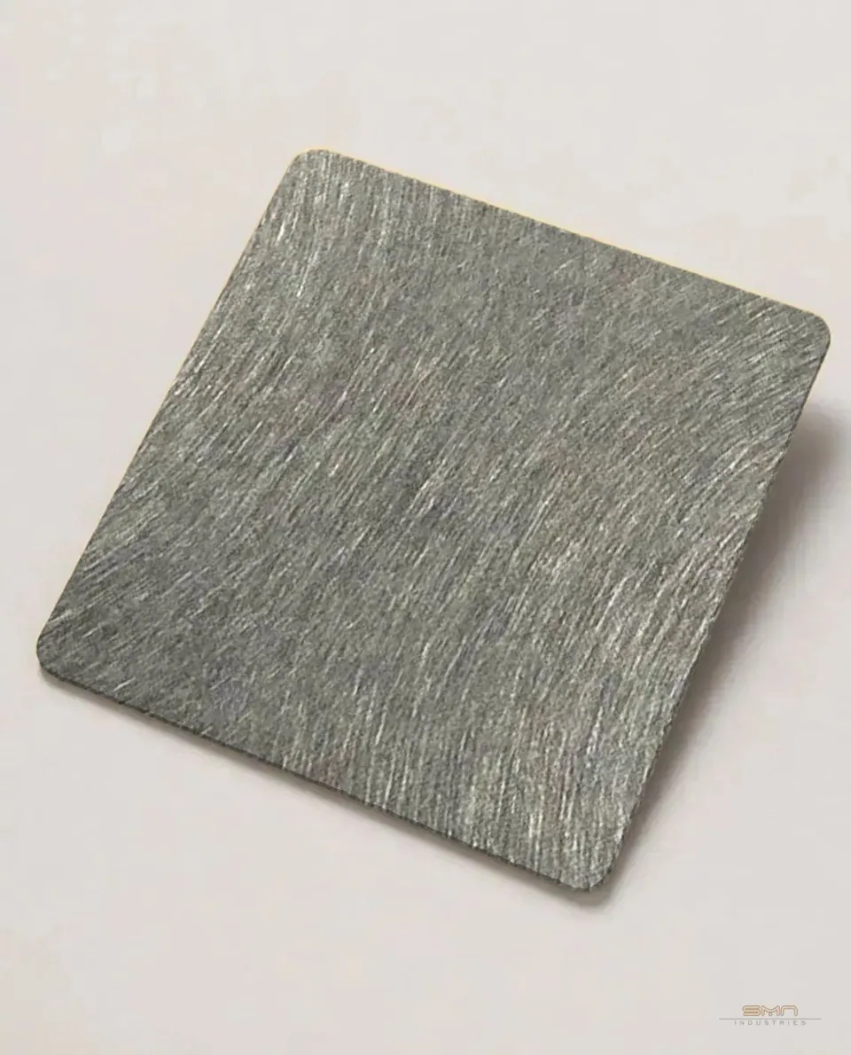 Silver vibration stainless steel sheet sample: natural steel with a soft random swirl brush
