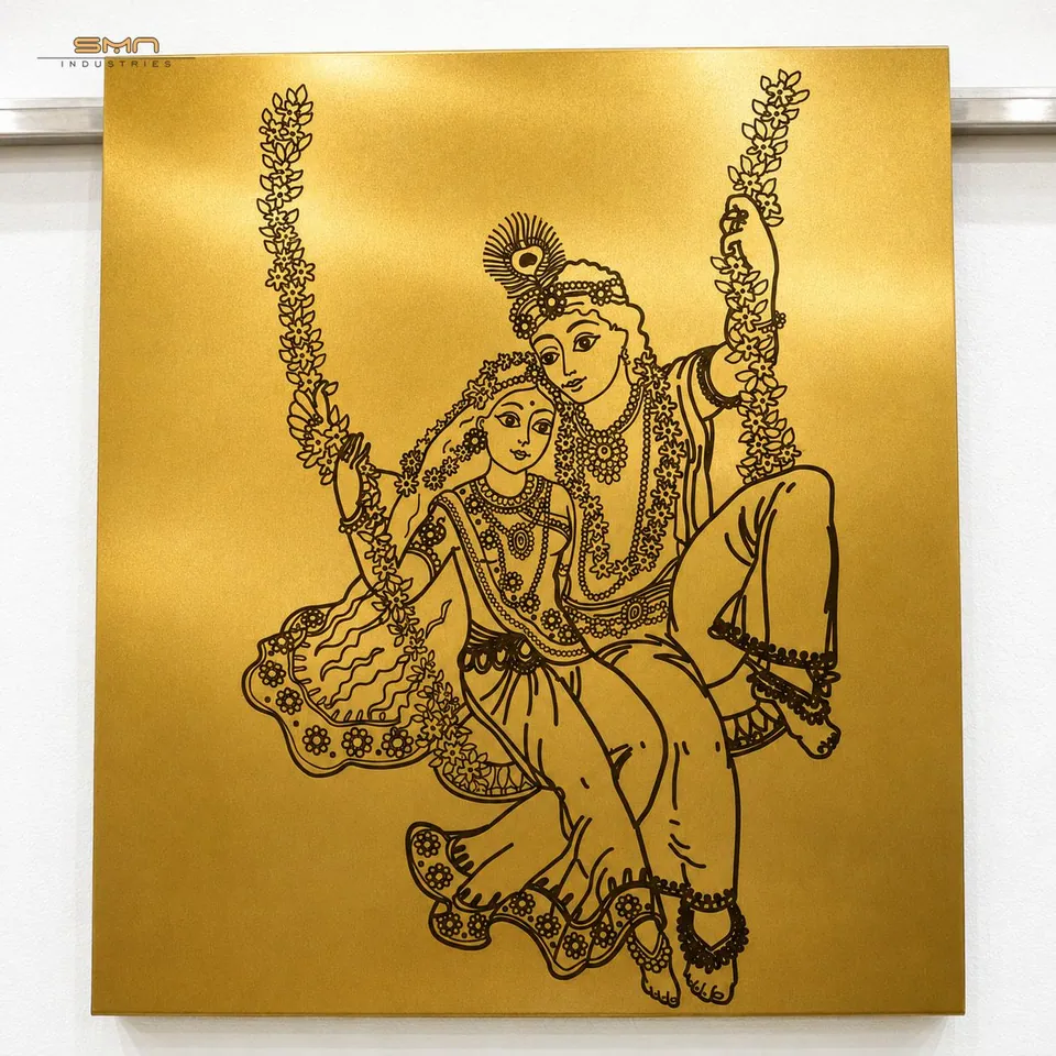 Gold etched stainless steel sheet with a Radha Krishna swing artwork, a custom design