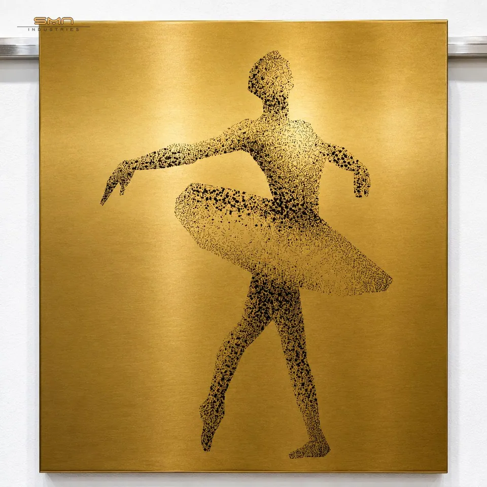 Gold etched stainless steel sheet with a dotted dancer figure, a custom artwork