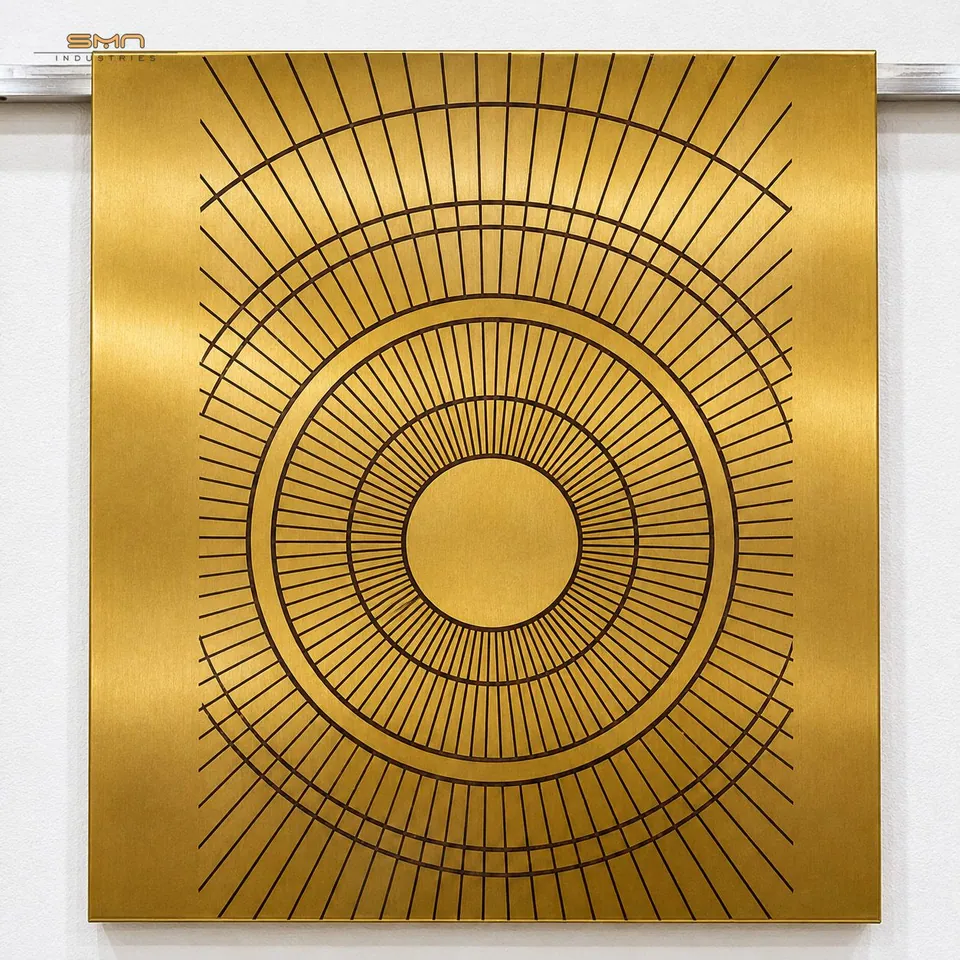 Gold etched stainless steel sheet with a sunburst line pattern, a custom design