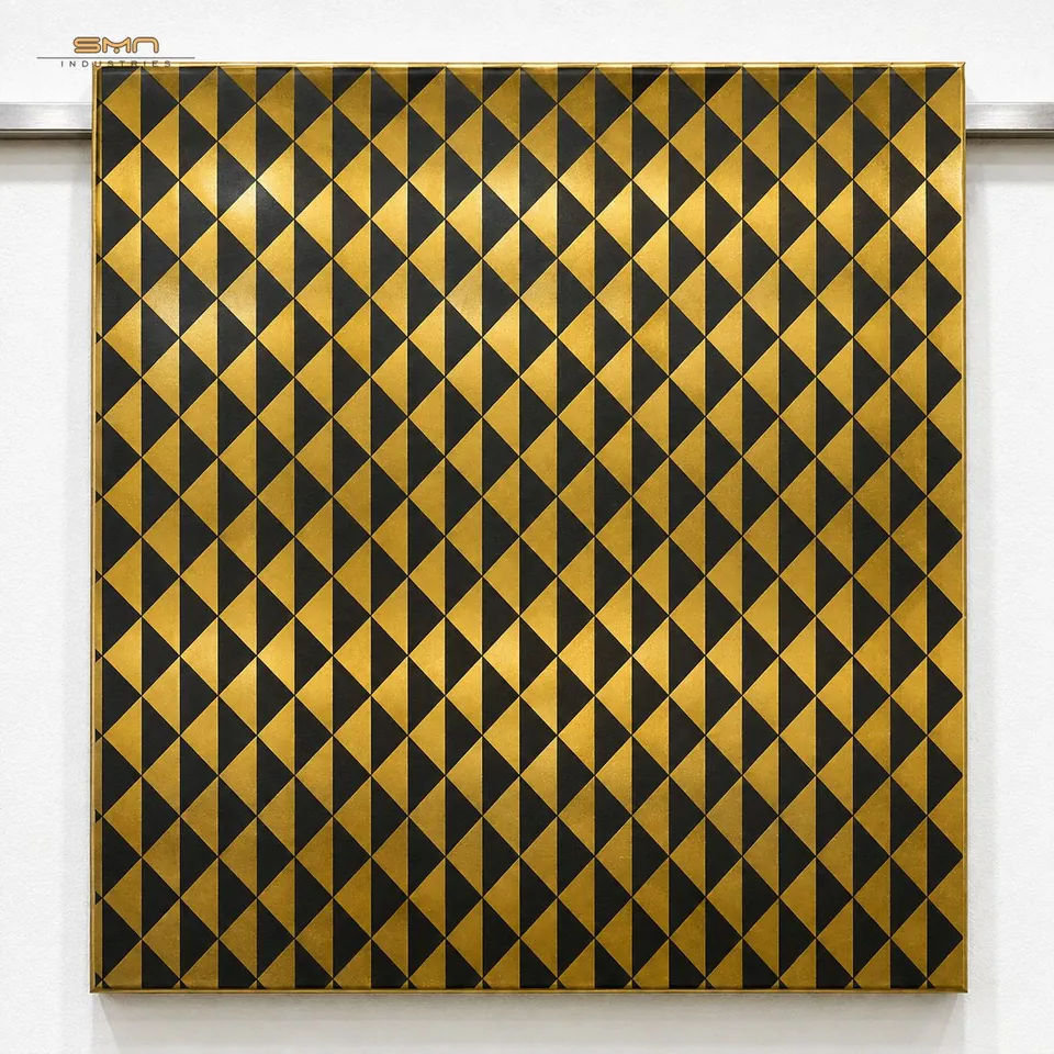 Gold stainless steel sheet with an etched triangle pattern in two tones, a custom design