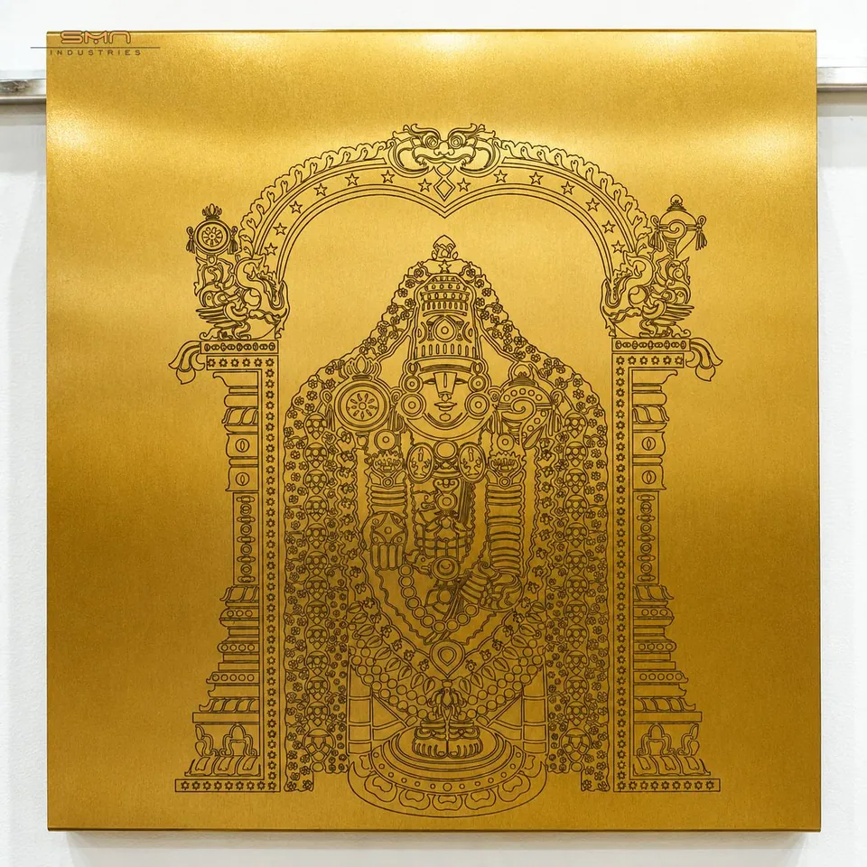 Gold etched stainless steel sheet with a deity artwork under a temple arch, a custom design