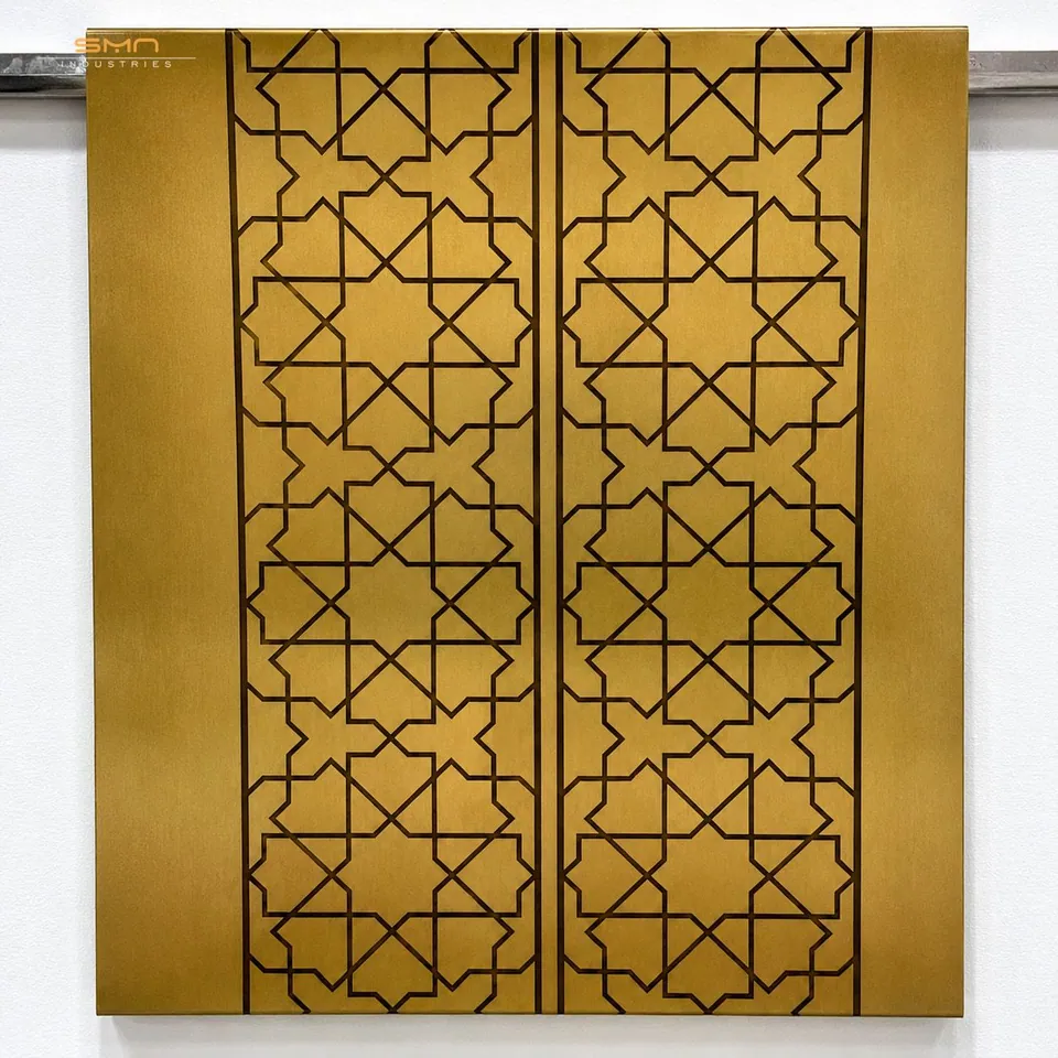 Gold etched stainless steel sheet with a geometric jaali pattern, a custom design