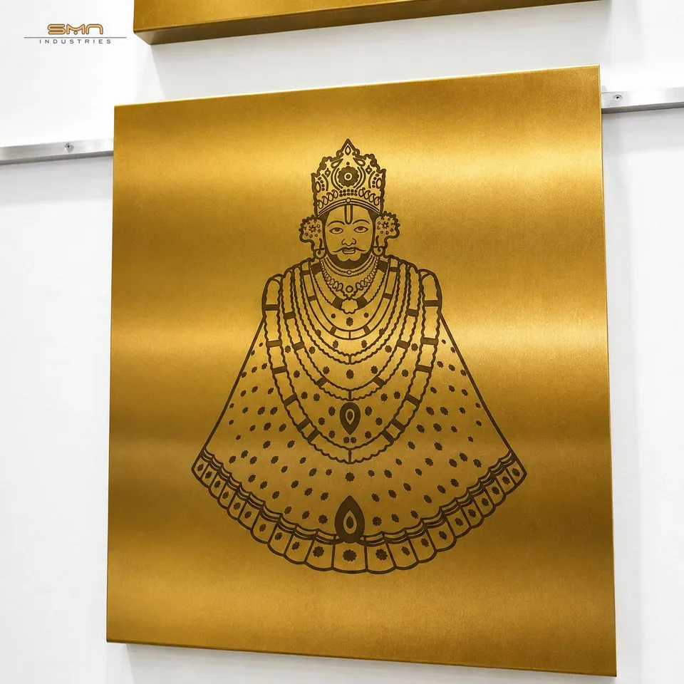 Gold etched stainless steel sheet with a deity artwork, a custom design