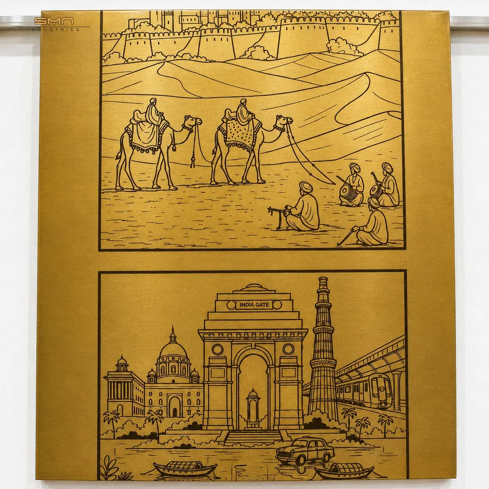 Gold etched stainless steel sheet with desert camels and Delhi monuments, a custom artwork