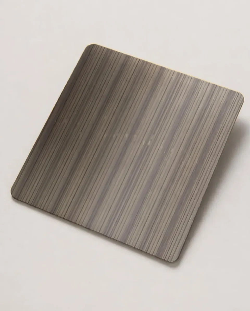 Vertical Linear Hairline stainless steel sheet sample (studio swatch from the real sheet photo)